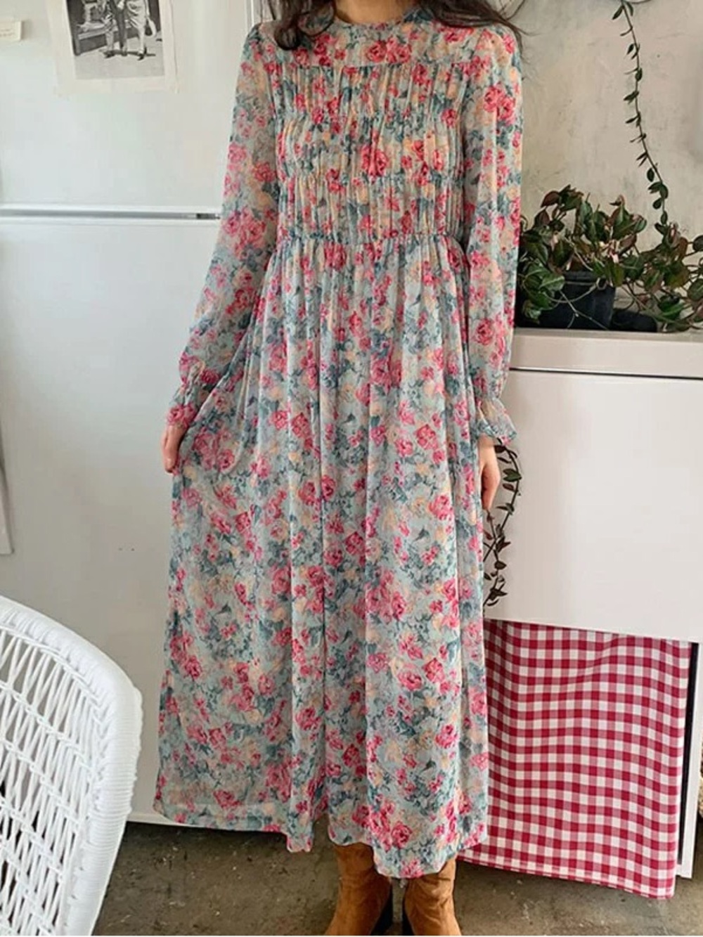 Floral Long Sleeve Maxi Dress - Pink Blue